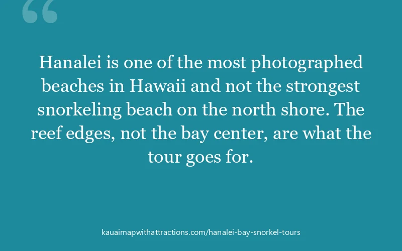 Hanalei is one of the most photographed beaches in Hawaii and not the strongest snorkeling beach on the north shore. The reef edges, not the bay cente...