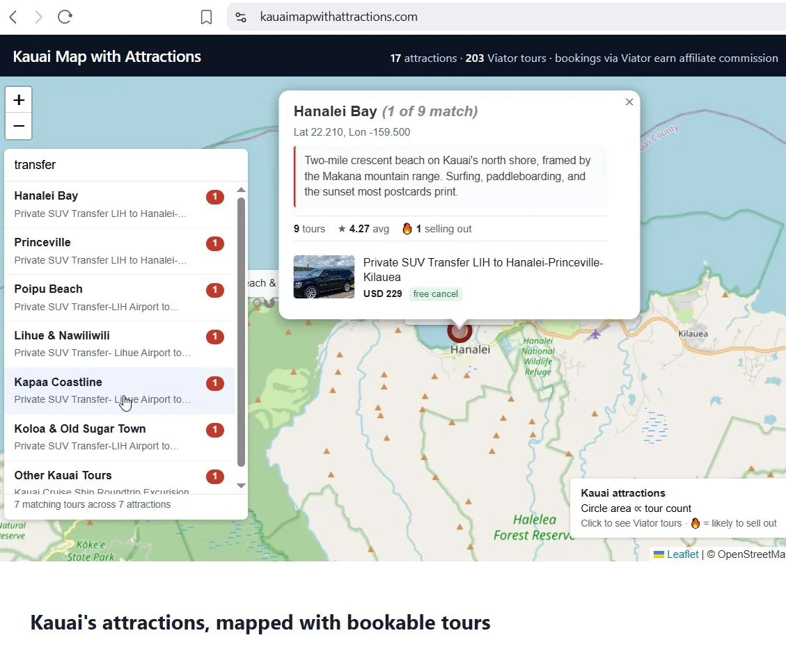 Kauai airport transfers shown on the live map: private SUV pickup options between Lihue Airport and the major hotel zones across Kauai.