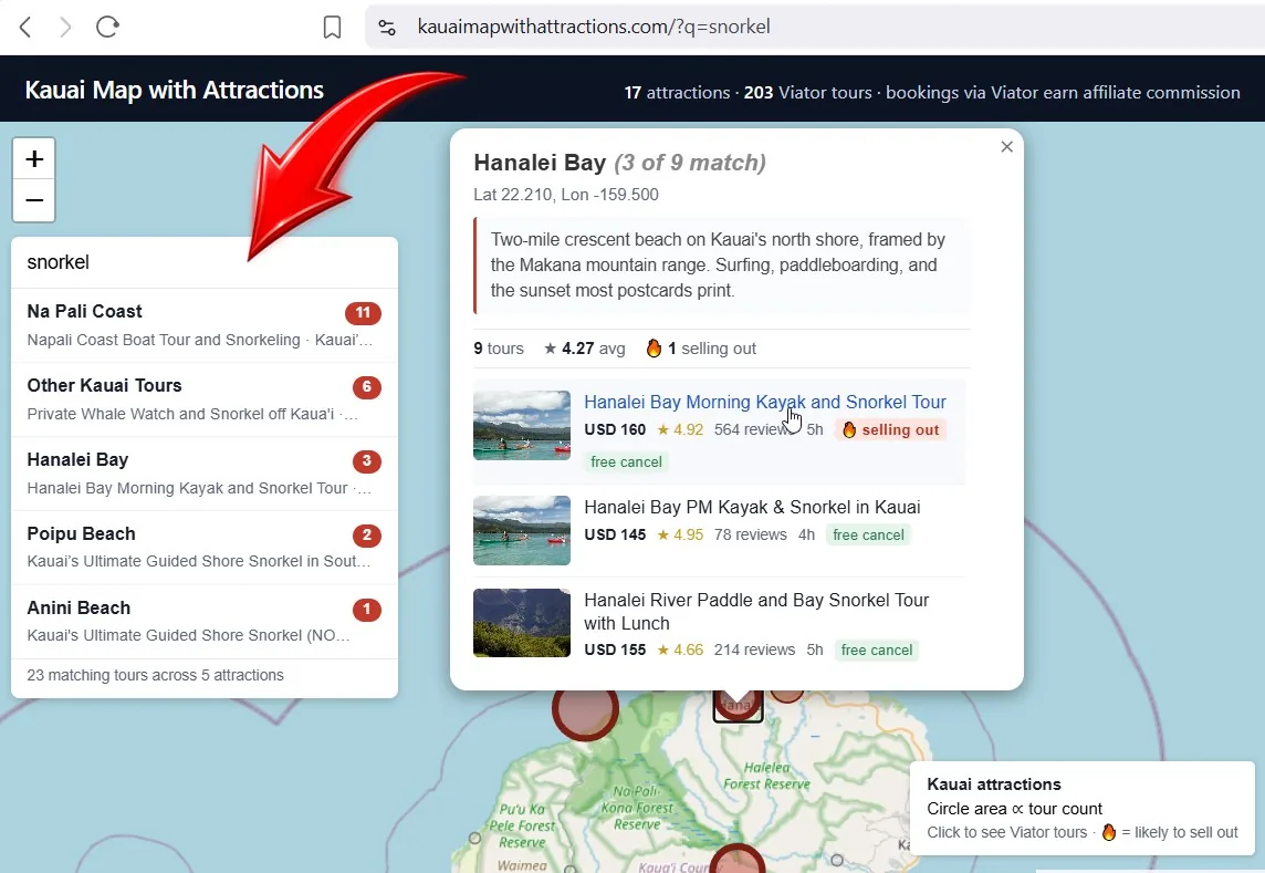 Hanalei Bay snorkel tours on Kauai shown on the live map: kayak-and-snorkel and boat-and-snorkel options highlighted across the north-shore reef edges.