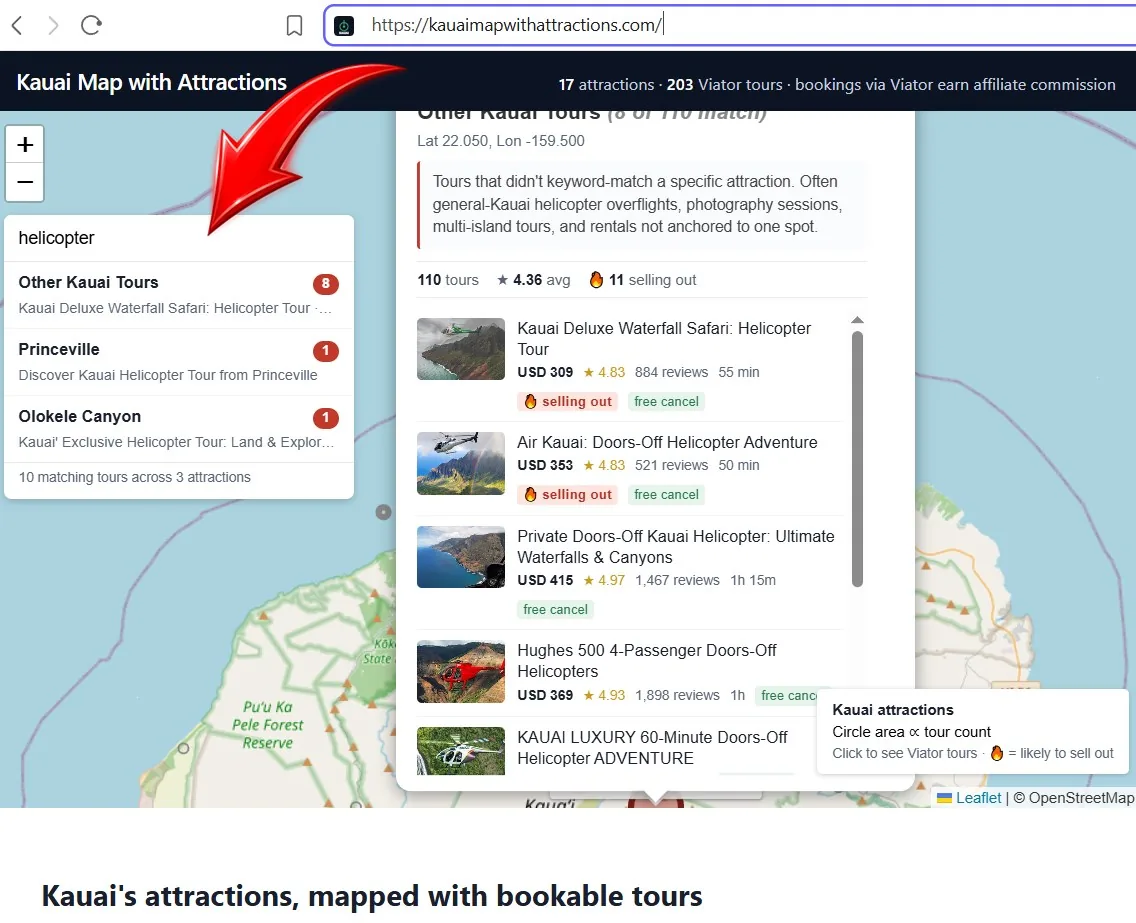 Kauai helicopter tours shown on the live map: doors-on, doors-off, and land-and-explore options highlighted across the island's heli operators.