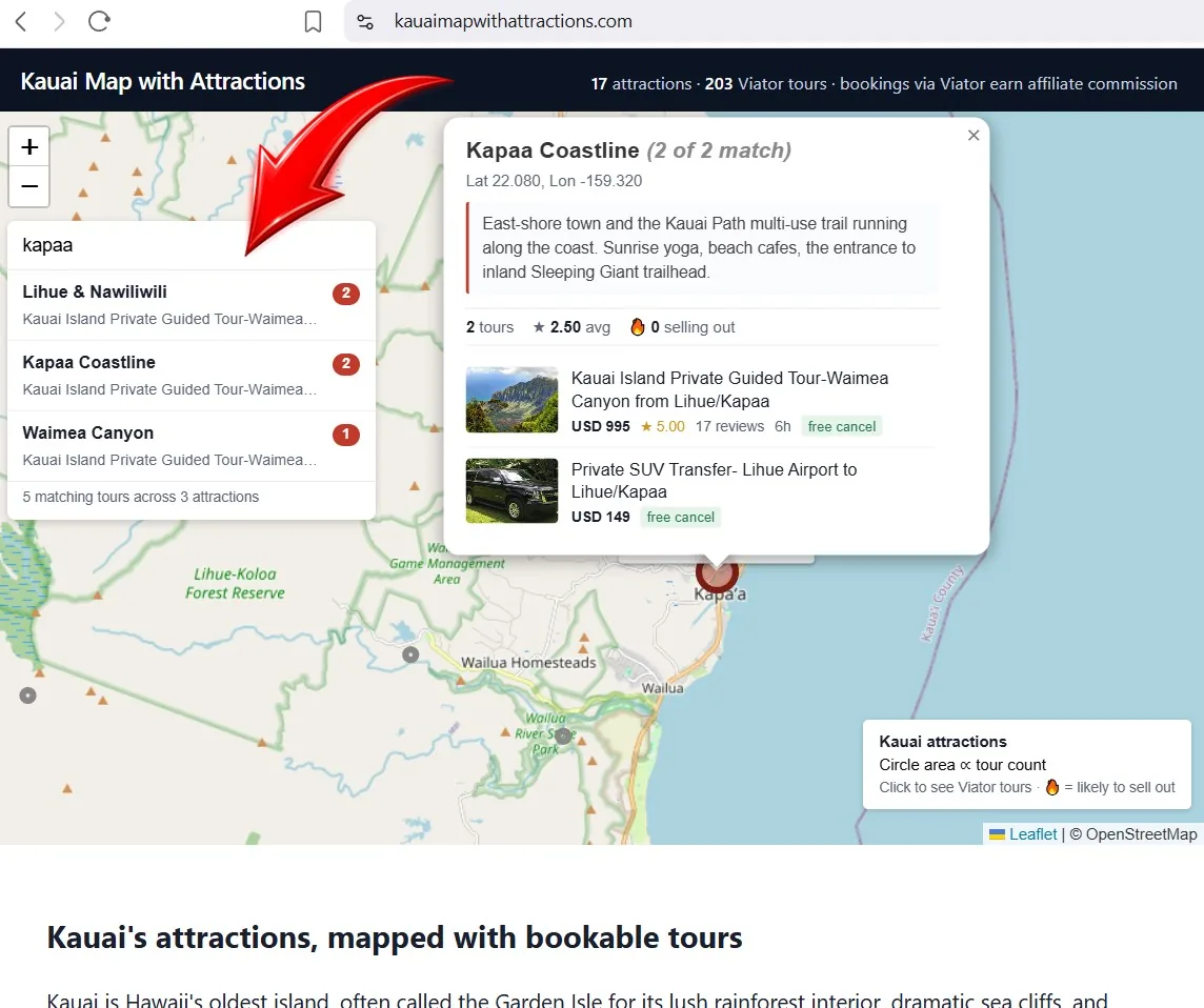 Kapaa Coastline tours on Kauai shown on the live map: private SUV island tours and airport transfers anchored to the east-shore town.