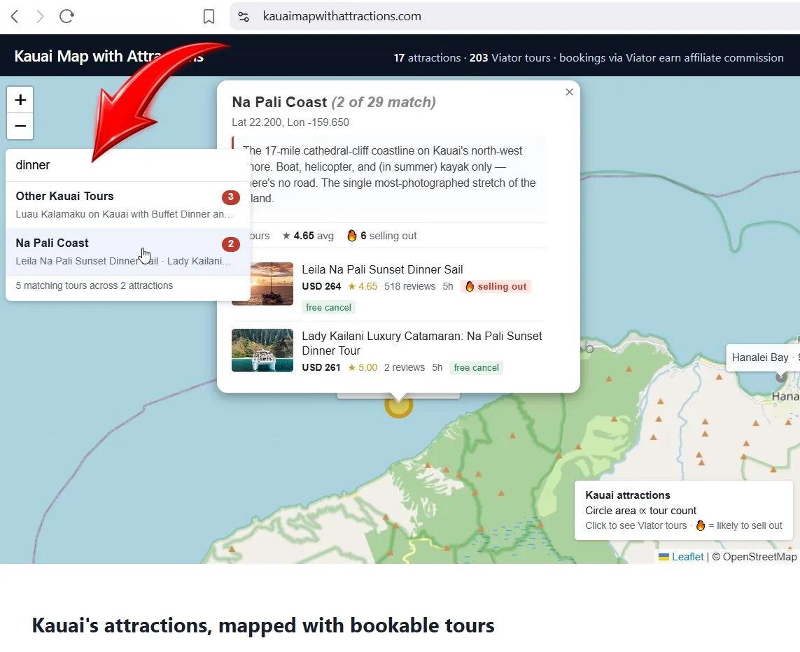 Na Pali Coast dinner tours shown on the live map: sunset dinner catamaran sails from Port Allen highlighted across the cliff-coast inventory.