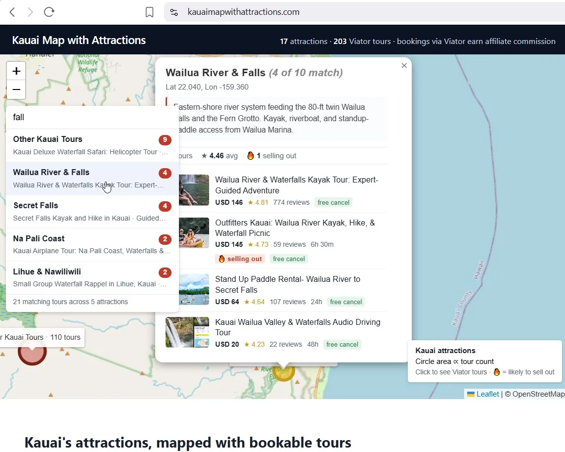 Wailua Falls and Kauai waterfall tours shown on the live map: helicopter, drive-up, and kayak-to-Secret-Falls options highlighted across the east-shore waterfall triangle.