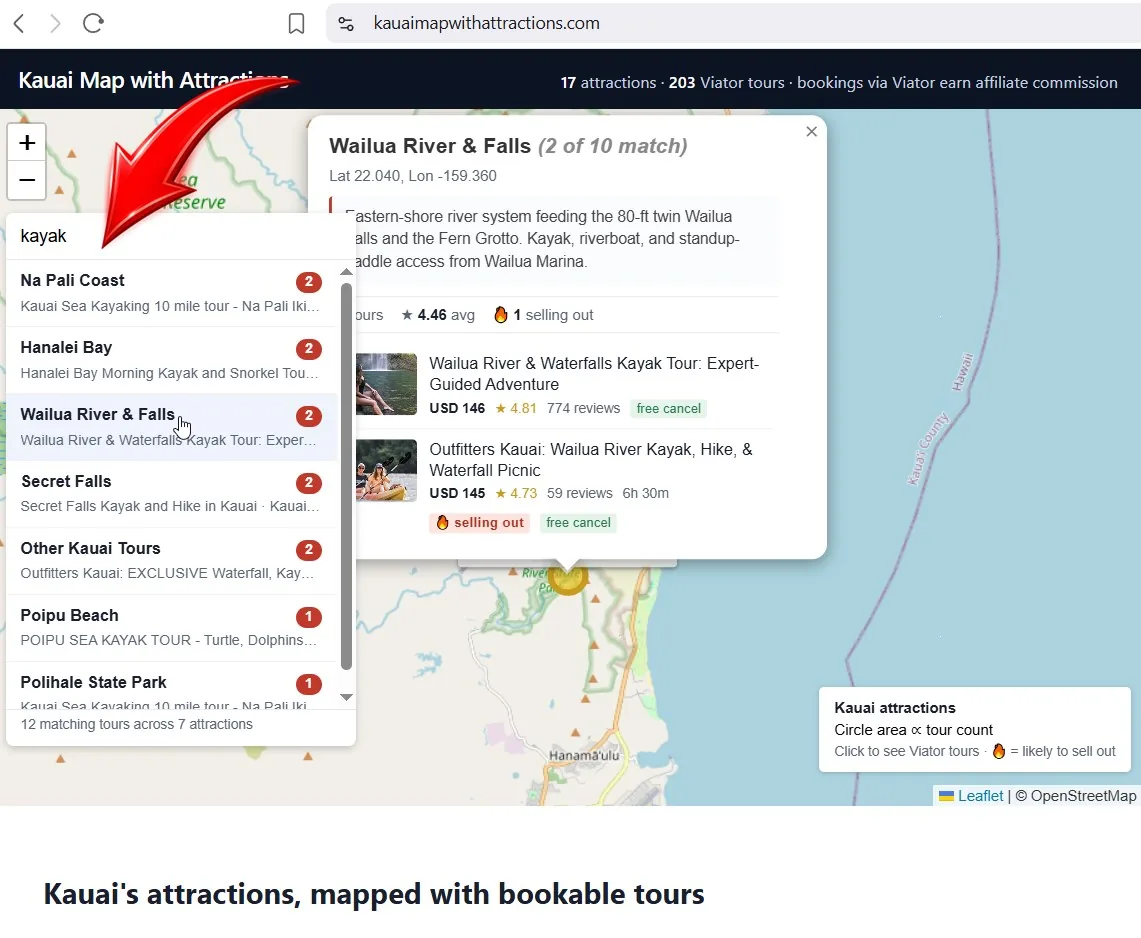 Wailua River kayak tours on Kauai shown on the live map: tandem-kayak and guided-hike combo options highlighted along the east-shore river.