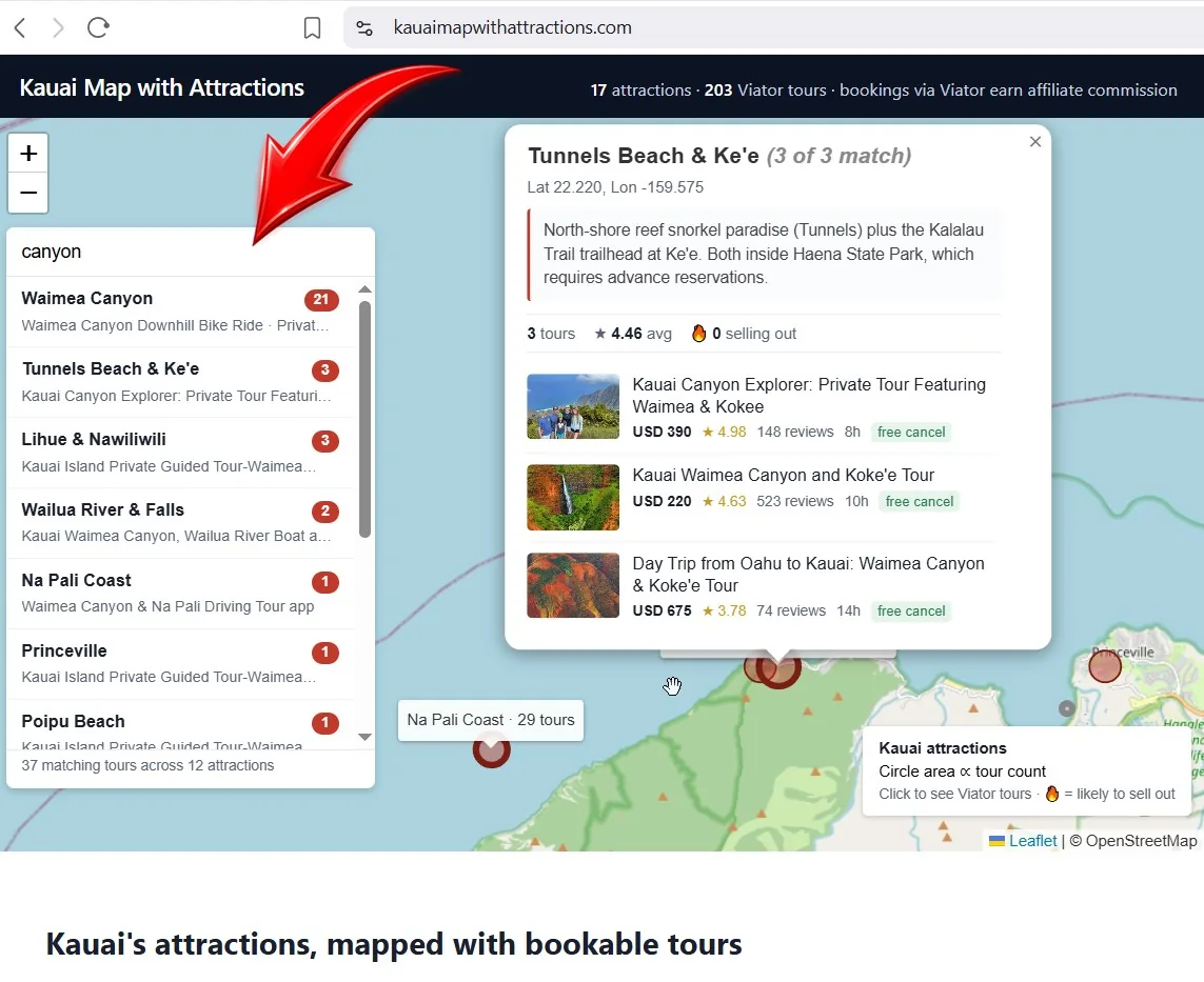Waimea Canyon tours on Kauai shown on the live map: 32 guided drive, helicopter, and bike-down options highlighted with tour-count bubbles.