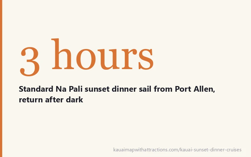 3 hours - Standard Na Pali sunset dinner sail from Port Allen, return after dark