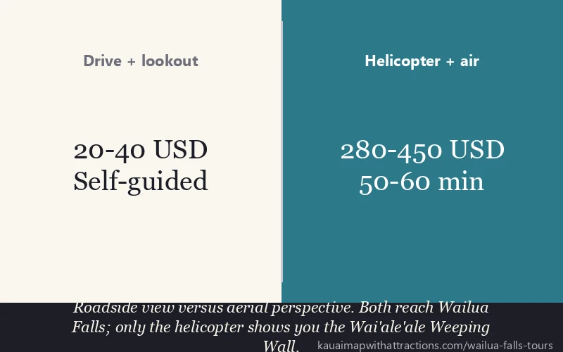 Drive + lookout vs Helicopter + air: Roadside view versus aerial perspective. Both reach Wailua Falls; only the helicopter shows you the Wai'ale'ale Weeping Wall.