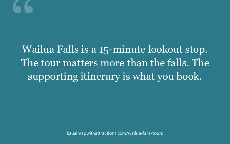 Wailua Falls is a 15-minute lookout stop. The tour matters more than the falls. The supporting itinerary is what you book.